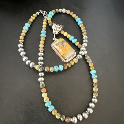 Men's BumbleBee Jasper Pendant Necklace | Navajo Pearls | Sterling Silver | Authentic Native American Handmade | 16882