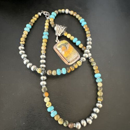 Men's BumbleBee Jasper Pendant Necklace | Navajo Pearls | Sterling Silver | Authentic Native American Handmade | 16882