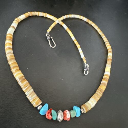 Authentic Native American Santo Domingo Shell Red Coral Blue Turquoise Onyx Necklace | 18" | 16946