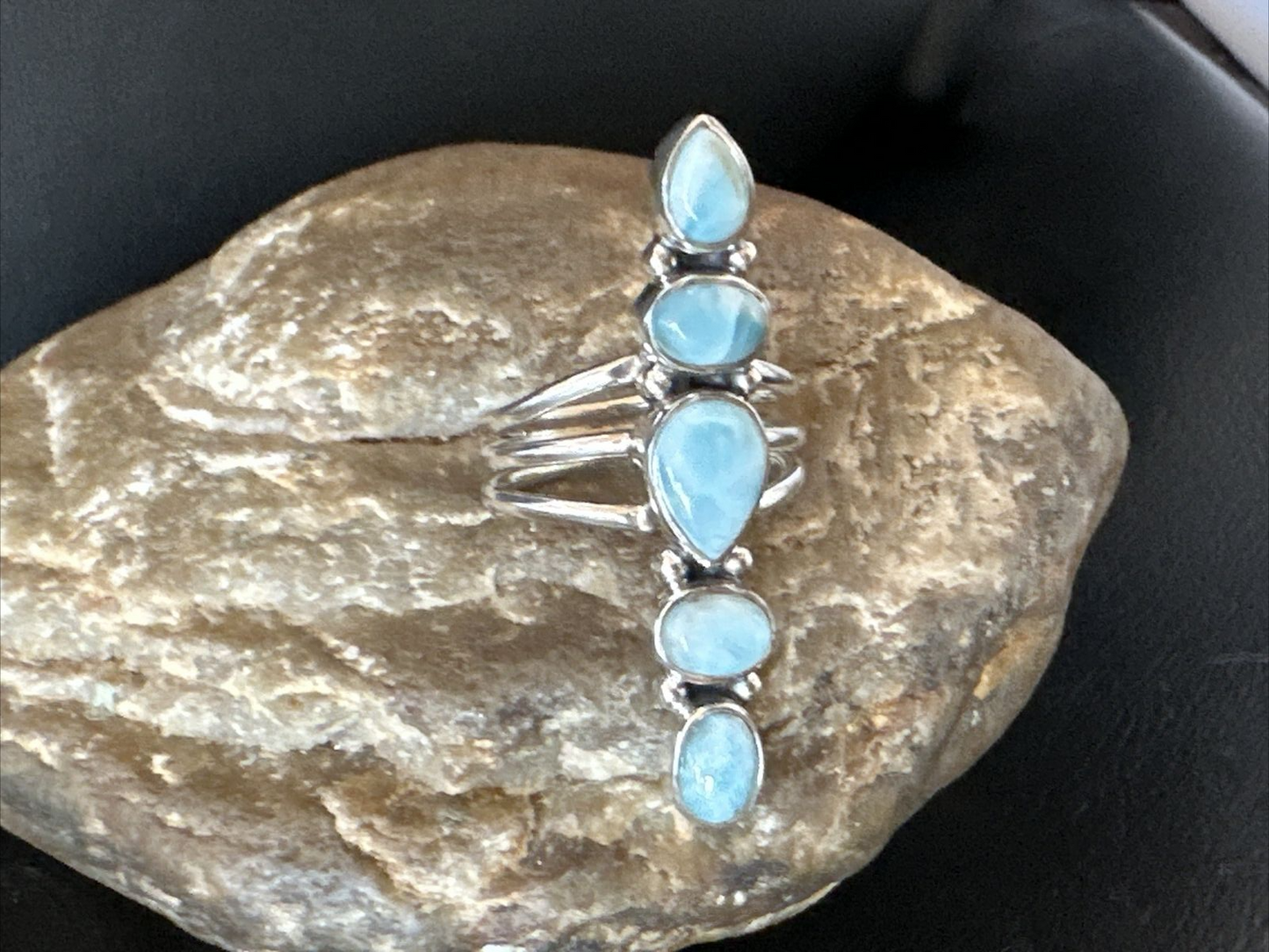 Navajo Blue Larimar Cluster Ring | Authentic Native American Sterling Silver | Multi-Stone | Sz 8 | 16157