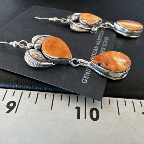 Navajo Orange Spiny Oyster Dangle Earrings | Sterling Silver | 1.5" | Authentic Native American Handmade | 16569