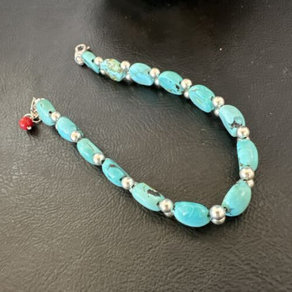 Women's Blue Turquoise Bead Bracelet | Southwestern Sterling Silver Link | 8" | 17233
