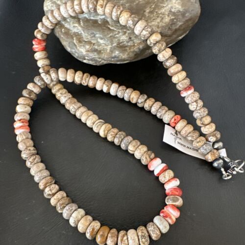Navajo Red Spiny Oyster Jasper Necklace | Sterling Silver | 23" | Authentic Native American Handmade | 10156