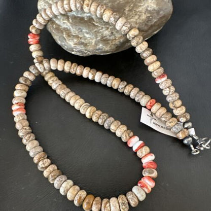 Navajo Red Spiny Oyster Jasper Necklace | Sterling Silver | 23" | Authentic Native American Handmade | 10156