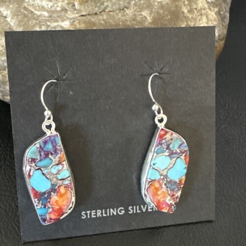 Navajo Blue Turquoise Red Spiny Oyster Inlay Dangle Earrings | Sterling Silver | 15579