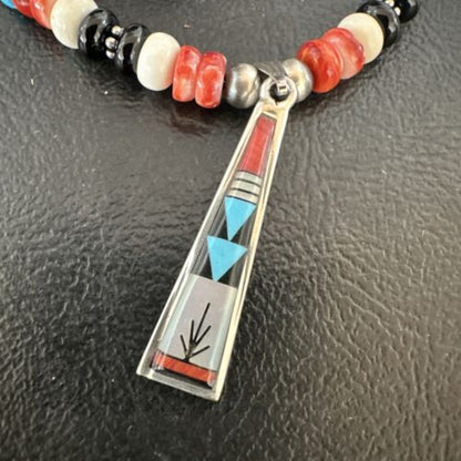 Navajo Turquoise Spiny Oyster Inlay Pendant Necklace | Sterling Silver | Authentic Native American Handmade | 13562