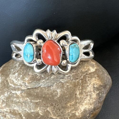 Kingman Turquoise Coral Cuff Bracelet | Navajo Tufa Cast | Sterling Silver | Authentic Native American Handmade | 16406