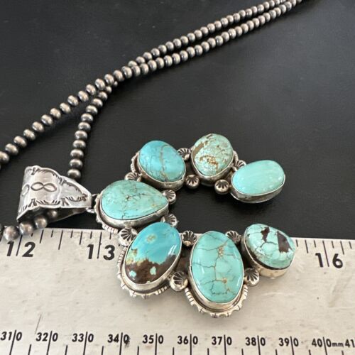 Navajo Blue Turquoise #8 Squash Blossom Naja Pendant Necklace | Sterling Silver | Authentic Native American Handmade | 16907