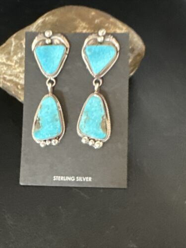 Kingman Turquoise Dangle Earrings | Navajo Handmade | Sterling Silver | Authentic Native American | 14877