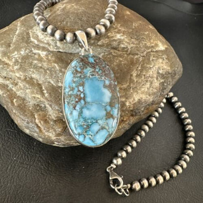 Navajo Blue Spiderweb Turquoise Pendant Necklace | Sterling Silver | Authentic Native American Handmade | 17016