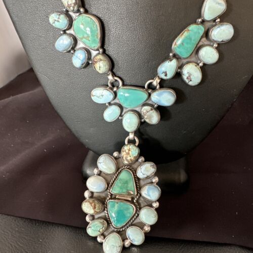 Navajo Blue Golden Hills Turquoise Lariat Necklace Pendant | 30" | Authentic Native American Handmade | 16188