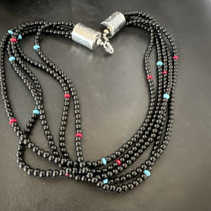 Navajo Black Onyx Turquoise Bead Necklace | Sterling Silver | 18" | Authentic Native American Handmade | 16821
