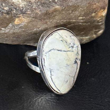 Men's Navajo White Buffalo Turquoise Ring | Sterling Silver | Sz 8.5 | Authentic Native American Handmade | 14744 - Masha USA