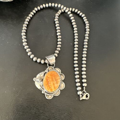 Navajo Orange Spiny Oyster Pendant Necklace | Sterling Silver Pearls | Authentic Native American Handmade | 16554