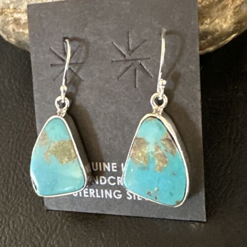 Navajo Blue Turquoise Dangle Earrings | Sterling Silver | Authentic Native American Handmade | 15438
