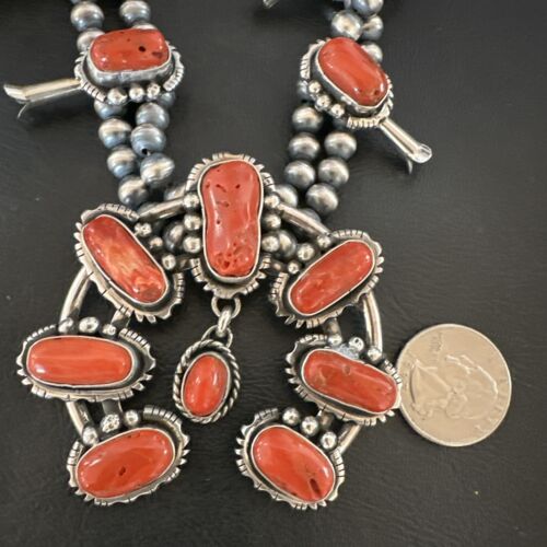 Navajo Red Coral Naja Pendant | Sterling Silver Squash Blossom Necklace & Earrings | 17047