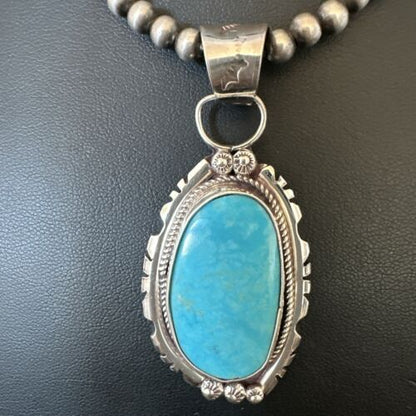 Navajo Pearls Kingman Turquoise Pendant Necklace | Sterling Silver | Authentic Native American Handmade | 17133