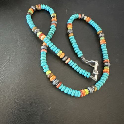 Navajo Blue Turquoise Spiny Oyster Necklace | Sterling Silver | 19" | Authentic Native American Handmade | 17489