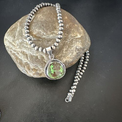 Navajo Green Gaspeite Pendant Necklace | Sterling Silver | Authentic Native American Handmade | 16362