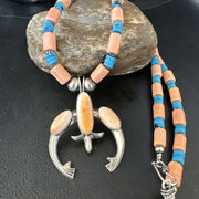 Navajo Pink Conch and Blue Turquoise Necklace | Sterling Silver Naja Pendant | Authentic Native American Handmade | 15147