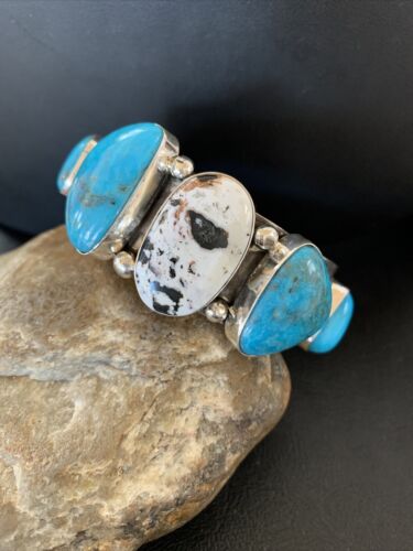 Navajo Kingman White Buffalo Turquoise Row Cuff Bracelet | Sterling Silver | Authentic Native American Handmade