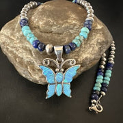 Navajo Butterfly Blue Opal Turquoise Inlay Pendant Necklace | Sterling Silver | Native American Handmade | 16760