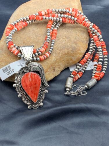 Navajo Spiny Oyster Feather Pendant | 3-Strand Sterling Silver Necklace with Pearls | Native American Handmade | 04130