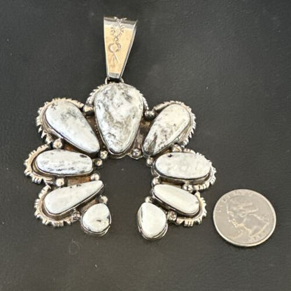 Navajo White Buffalo Turquoise Necklace Naja Pendant | Sterling Silver | Authentic Native American Handmade | 17040