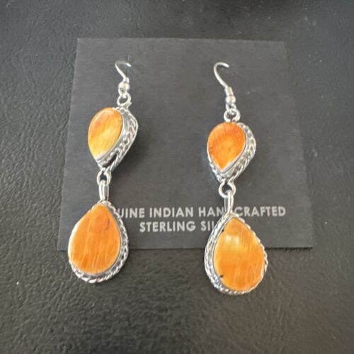 Navajo Orange Spiny Oyster Dangle Earrings | Sterling Silver | 1.5" | Authentic Native American Handmade | 16561