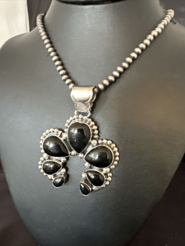 Men's Black Onyx Naja Pendant Necklace | Navajo Pearls | Sterling Silver | Authentic Native American Handmade | 16102