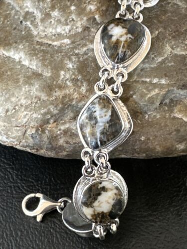 White Buffalo Turquoise 8-Stone Navajo Sterling Silver Link Bracelet | 8" | Handmade Jewelry 16378