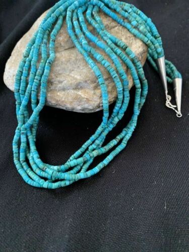 Native American Navajo Turquoise Heishi Necklace | Sterling Silver 5 Strand 2mm | 20" | 205