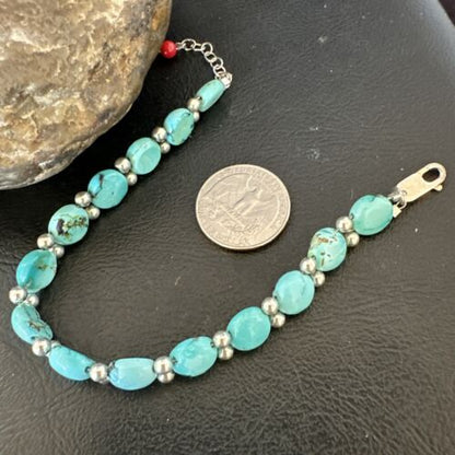Women's Blue Turquoise Bead Bracelet | Southwestern Sterling Silver Link | 8" | 17233