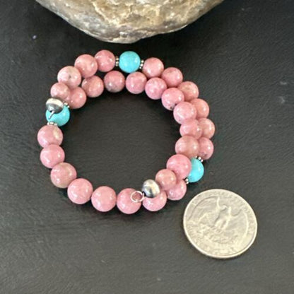 Navajo Pink Rhodochrosite Turquoise Bracelet | Stainless Steel Memory Wire | Authentic Native American Handmade | 17626 - Masha USA