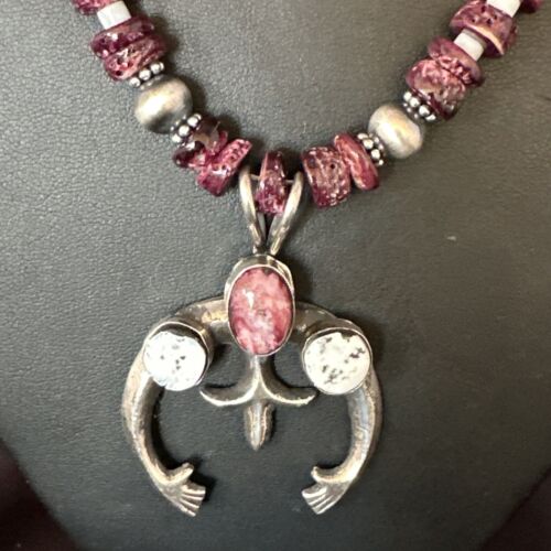 Navajo Purple Spiny Oyster White Buffalo Naja Pendant | Sterling Silver | Authentic Native American Handmade | 15025