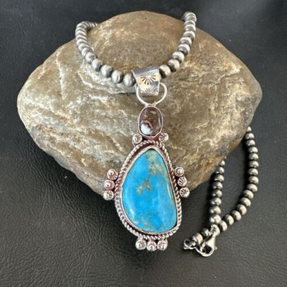 Navajo Blue Kingman Turquoise Wild Horse Pendant Necklace | Sterling Silver | Authentic Native American Handmade | 17223