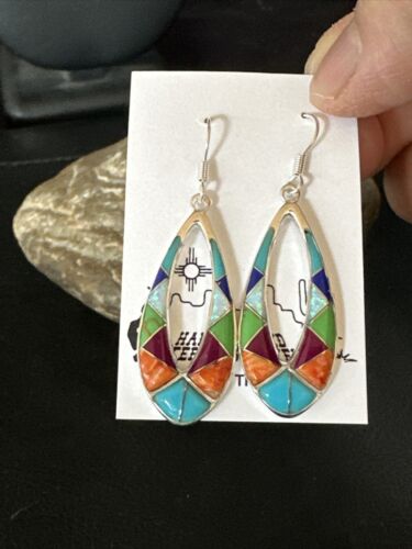 Southwestern Sterling Silver Multi-Color Turquoise Lapis Inlay Earrings | Authentic Native American Handmade | 14938 - Masha USA
