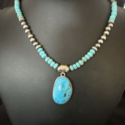 Navajo Blue Kingman Turquoise Pendant Necklace | Sterling Silver | 21" | Authentic Native American Handmade | 17087