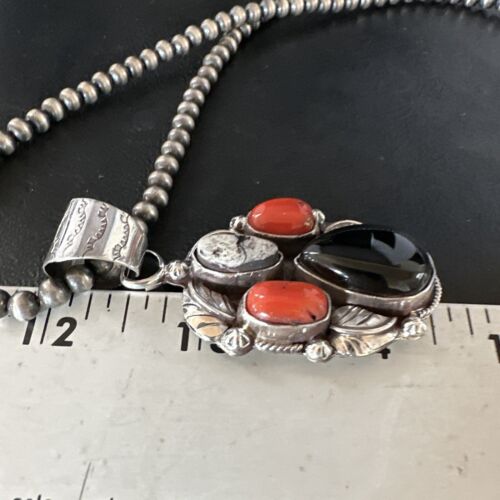 Navajo White Buffalo Coral Onyx Pearls Cluster Pendant | Sterling Silver | Native American Handmade | 15369