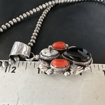 Navajo White Buffalo Coral Onyx Pearls Cluster Pendant | Sterling Silver | Native American Handmade | 15369