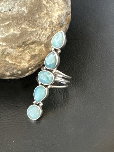 Navajo Blue Larimar Cluster Ring | Authentic Native American Sterling Silver | Multi-Stone | Sz 7.5 | 16152