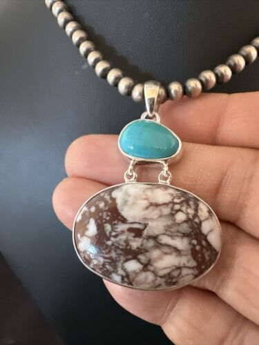 Navajo Wild Horse Blue Kingman Turquoise Necklace | Sterling Silver | Authentic Native American Handmade | 17308