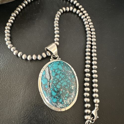 Men's Navajo Blue Spiderweb Turquoise Pendant Necklace | Sterling Silver | Authentic Native American Handmade | 16193