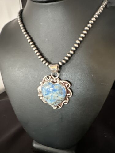 Men's Blue Heart Denim Lapis Pendant | Navajo Pearls Sterling Silver Necklace 21" | 15523