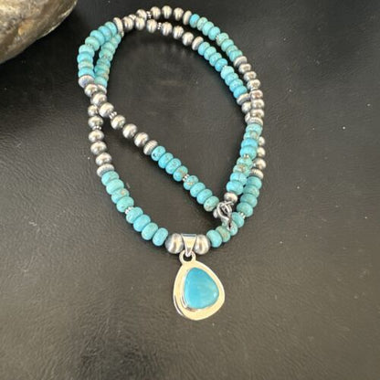 Men's Blue Turquoise Pendant Necklace | Navajo Pearls | Sterling Silver | Authentic Native American Handmade | 16644