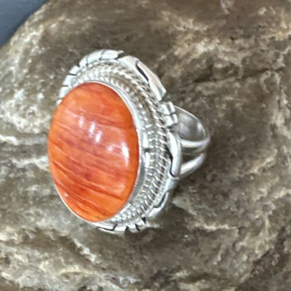 Navajo Orange Spiny Oyster Ring | Sterling Silver | Sz 7.5 | Authentic Native American Handmade | 16030