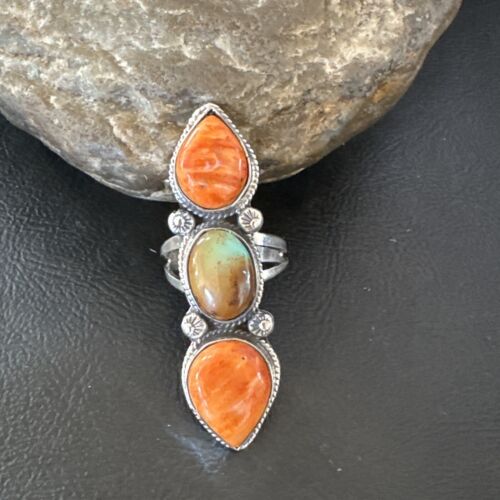 Navajo Green Turquoise Spiny Oyster Multi-Stone Ring | Authentic Native American Sterling Silver | Sz 9.5 | 16715