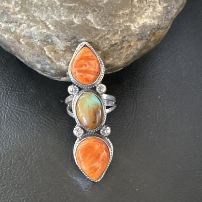 Navajo Green Turquoise Spiny Oyster Multi-Stone Ring | Authentic Native American Sterling Silver | Sz 9.5 | 16715