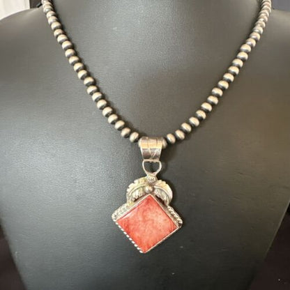Navajo Red Spiny Oyster Pendant Necklace | Sterling Silver | Authentic Native American Handmade | 16144