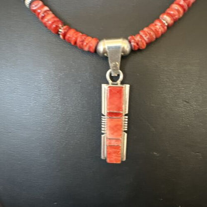 Navajo Red Spiny Oyster Pendant Necklace | Sterling Silver Inlay | Authentic Native American Handmade | 16884